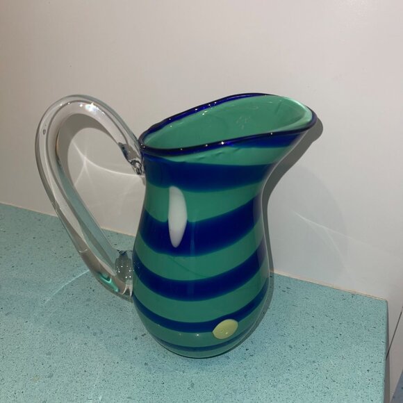 Pitcher Green Hand Blown Striped Art Glass Decor Collectible - Picture 6 of 8